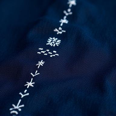 藍色の布に白い糸で施された刺し子のパターン