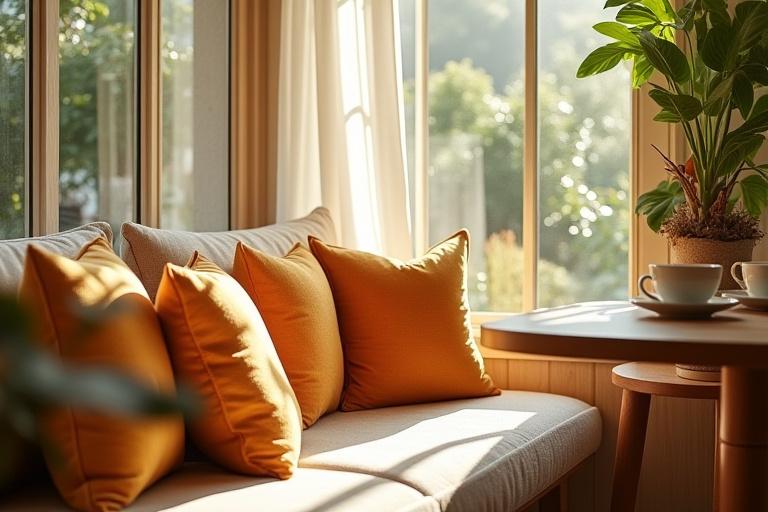 自然光が差し込むカフェ空間に調和する、暖色系のテキスタイルクッション