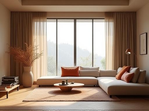 テキスタイルがアクセントのモダンなリビングルーム